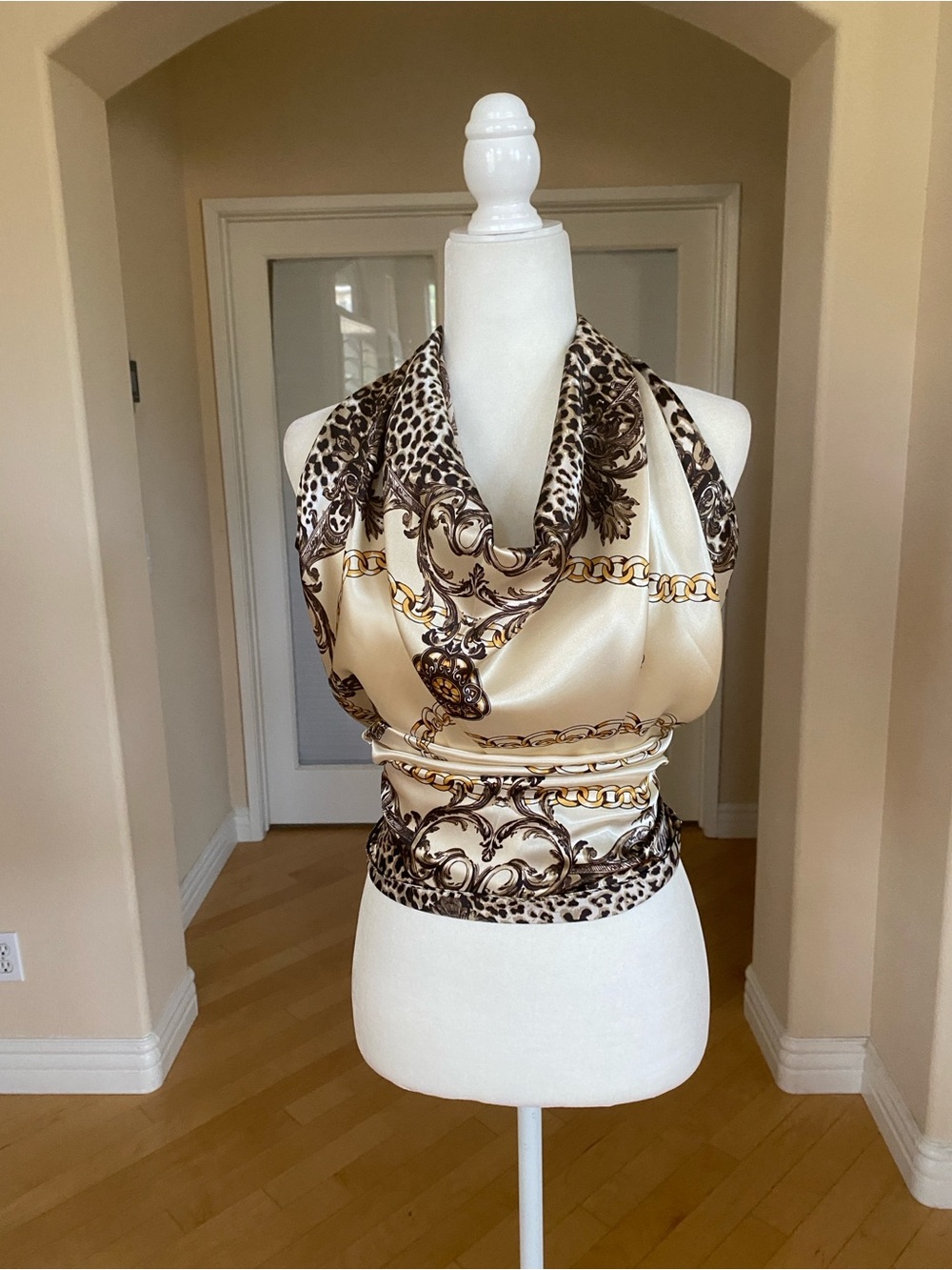 Cream Brown Gold Chain Medallion Print Scarf Wrap Top